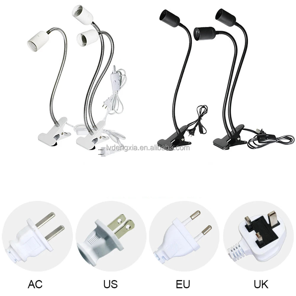 Flexible Aluminum Wire Neck Clip Bulb Holder E27 Base Light Socket with On/Off Switch Plug Adjustable Light Stand Clamp Lamp
