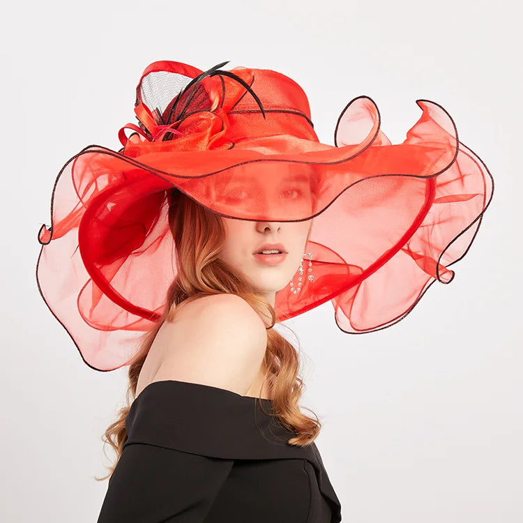 Wholesale Ladies Women Church Derby Dress Fascinator British Tea Party Wedding Bow-Knot Flower Wide Brim Organza Fedora Hat
