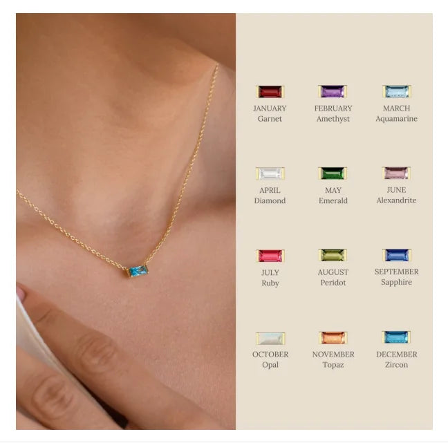 New 18k Gold Plated Stainless Steel Baguette Birthstone Pendent Necklace Gemstone Charm Necklace for Women Girls Gift