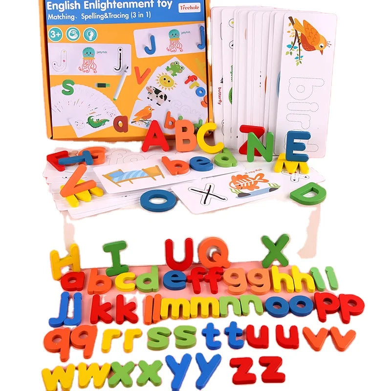 Children Learning English Words Learning Cards Toy English Uppercase Lowercase Wood Word Spell Puzzle Toys