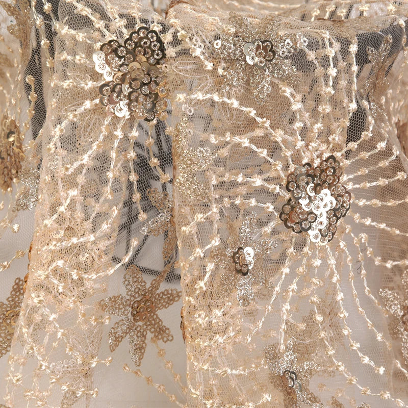 Golden Flower Designer Custom 3d Tulle Fine Embroidery Sequin Fabric for Wedding/Special Occasion Boys & Girls Lightweight