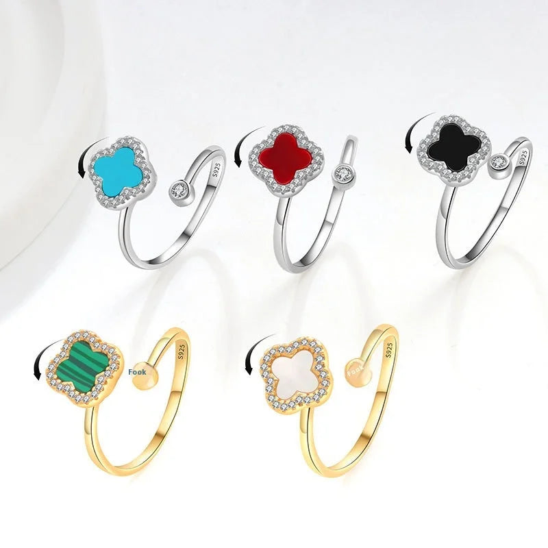 18K Gold-plated Fashionable Stacked Rotating Decompression Ring 925 Sterling Silver Accessory Women's Open Clover Jewelry Ring