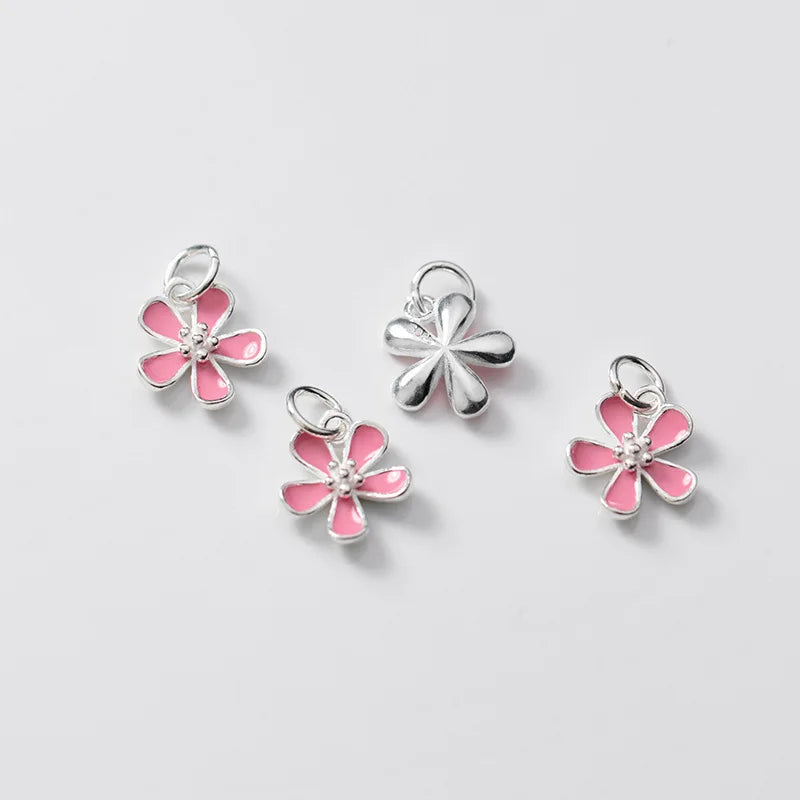 12mm Pink Floral Charm Sterling Silver Flower Charms Enameled for Jewelry Making Supplies