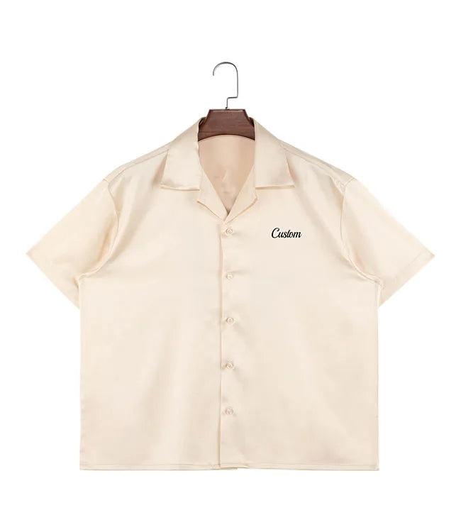 Wholesale Custom Satin Shirt Revers Collar Embroidery Men Shirts Short Sleeve Button up Casual Silk Satin Man Shir