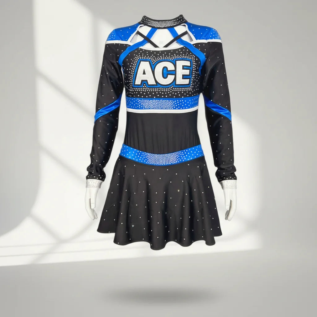 Custom Cheerleading and Majorette Uniform Sets for Girls Rhinestone Bodysuit Long Sleeve Crop Top & Skirt OEM Design