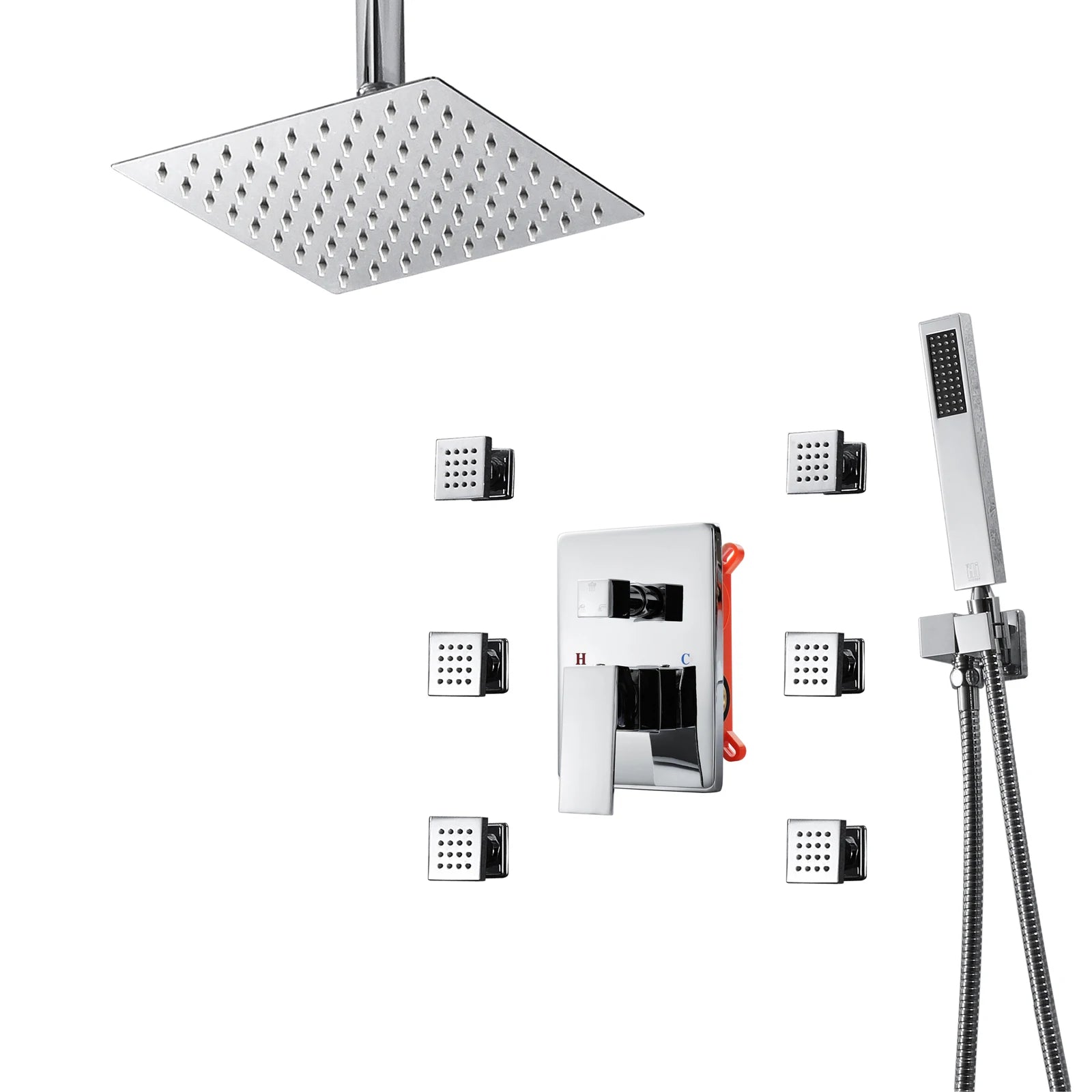 Rainfall Modern Chrome Bathroom Shower System with Shower Arms 3 Functions Ceiling Mount Shower Head Set