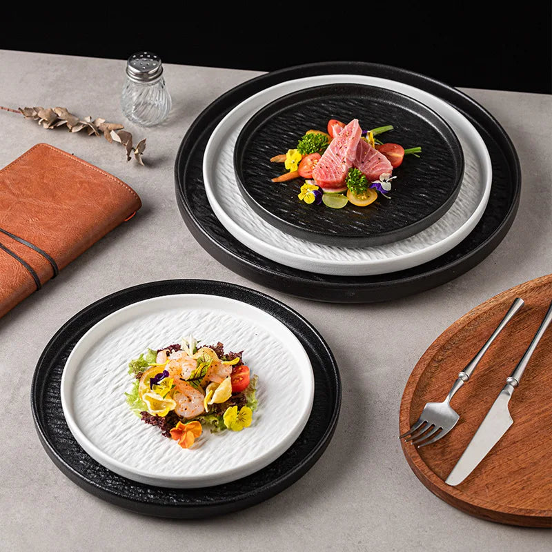 Japanese Style Black White Ceramic Restaurant Tableware Plates 8/10 Inch Round Steak Dishes Plate