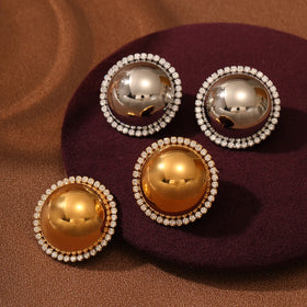 Fine 18k Gold Plated Ball Design Stud Earrings Zircon Surrounded Waterproof Earrings Stainless Steel Jewelry for Ladies