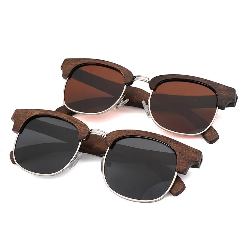2024 Eco Friendly Customized Custom Logo Acceptable Half Wood Frame Brown DU Wooden Sunglasses for Men