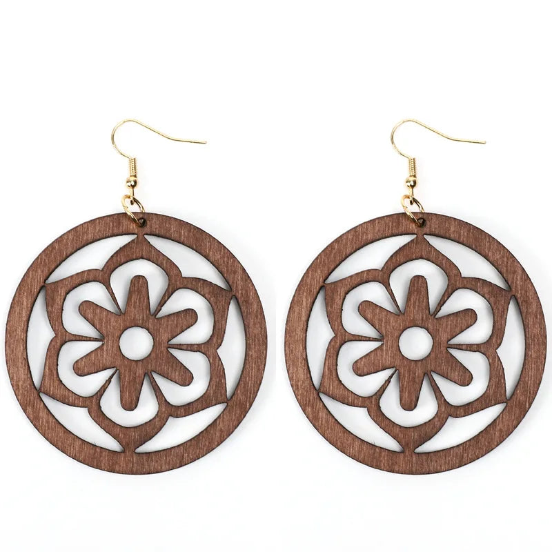 Diy Ornament Natural Wood Hook Earrings Custom Hoop Gold Statement Floral Women Handmade Simple Flower Hollow Laser Cut Earrings