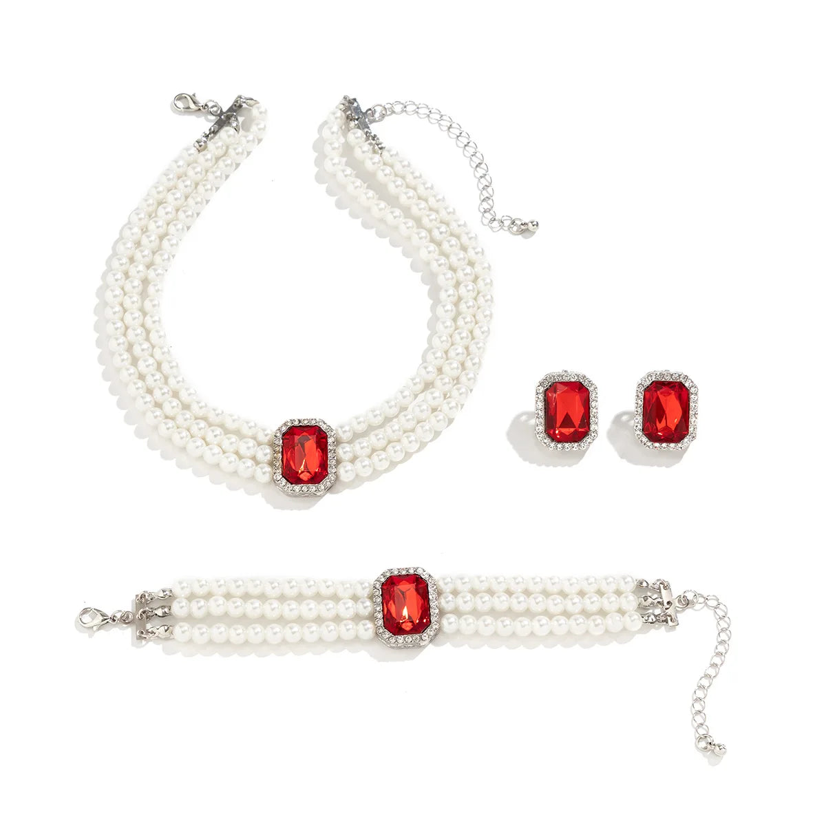 New Arrival French Palace Style Diamond Square Crystal Necklace Retro Multi-Layer Bracelet Earrings Pearl Jewelry Set for Women