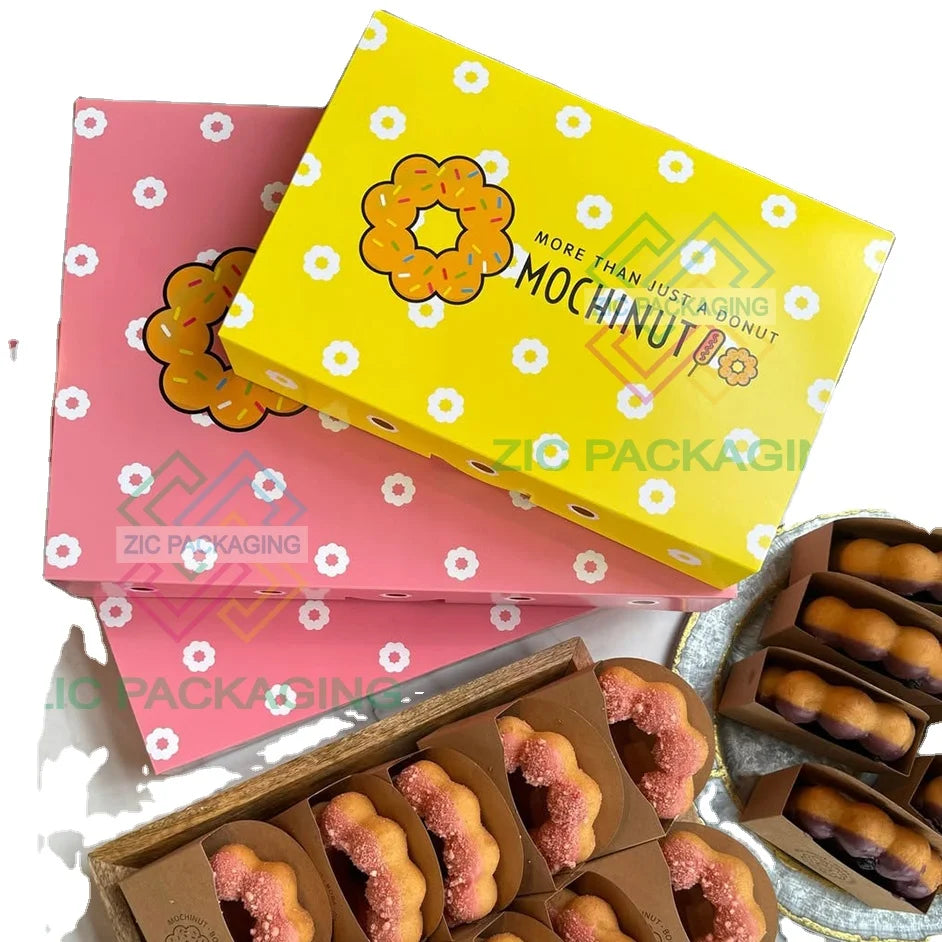 Colorful Blue Yellow Grey Pink Donut Boxes for Mochi Nut Donut Hot Dog Box Packaging