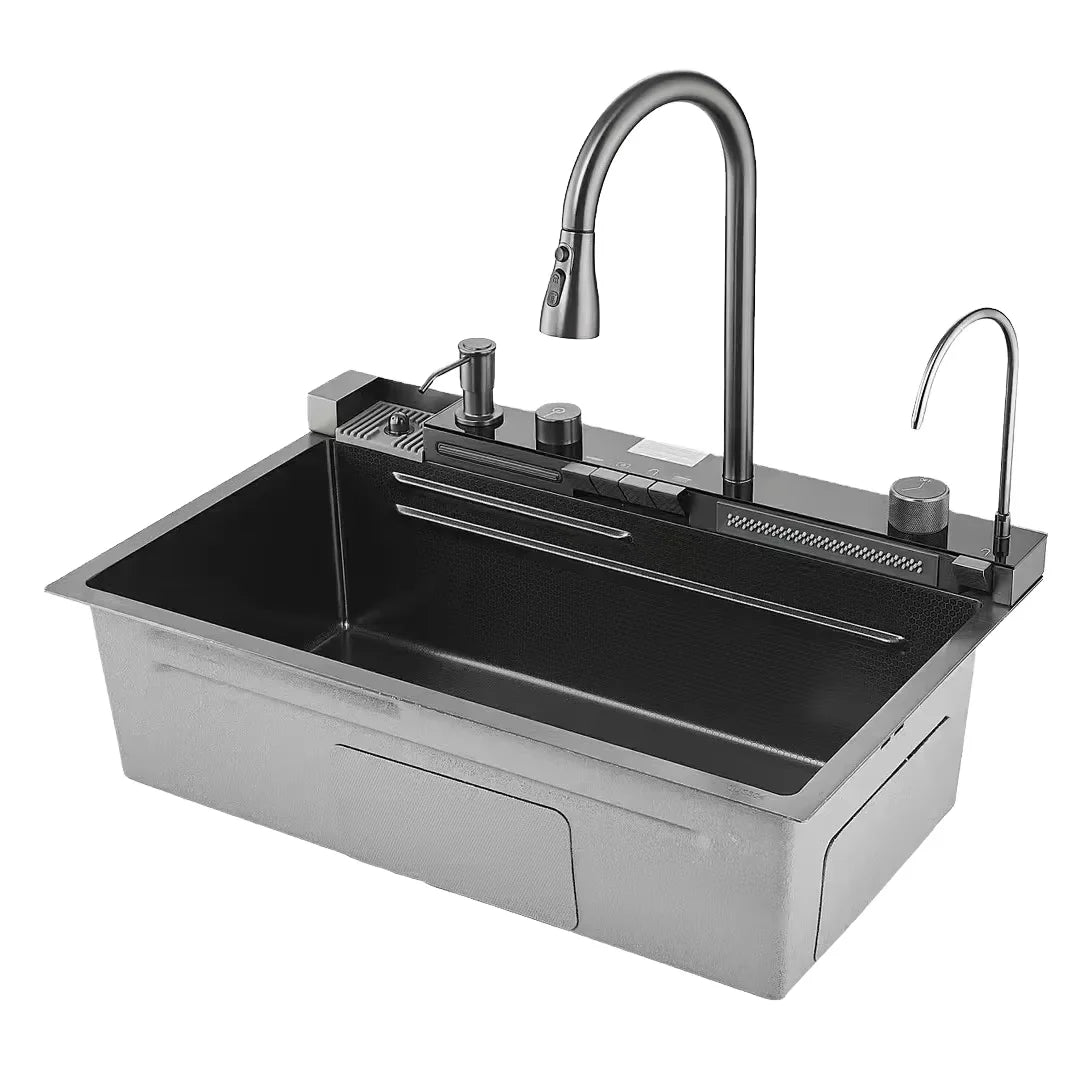 Nano Handmade Single Bowl LED Digital Display Multi-functional Waterfall Bliote Kitchen Sink With Automatic Cupwasher