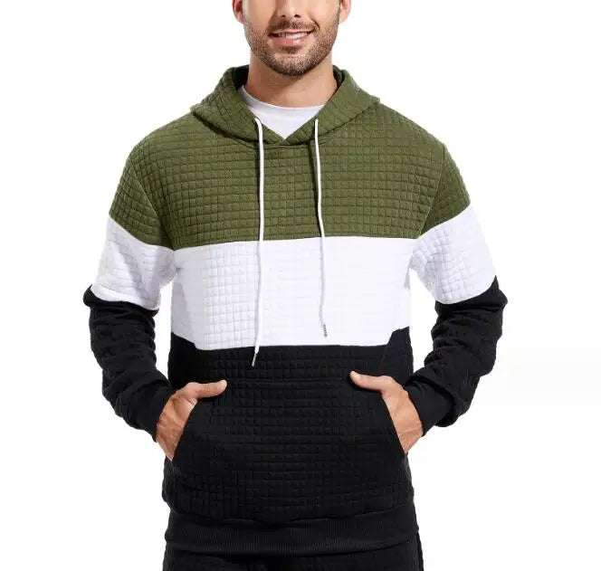 Men Custom Pullovers Plaid Color Block Sweatshirt Retro Jacquard Casual Sports Hoodie With Pocket