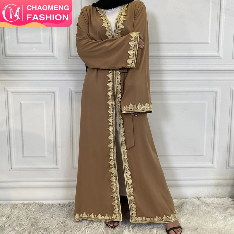 1893# Premium Quality Gold Lace Border Open Abaya Side Split Abaya Kimono With Golden Featuring Embroidery Accessories