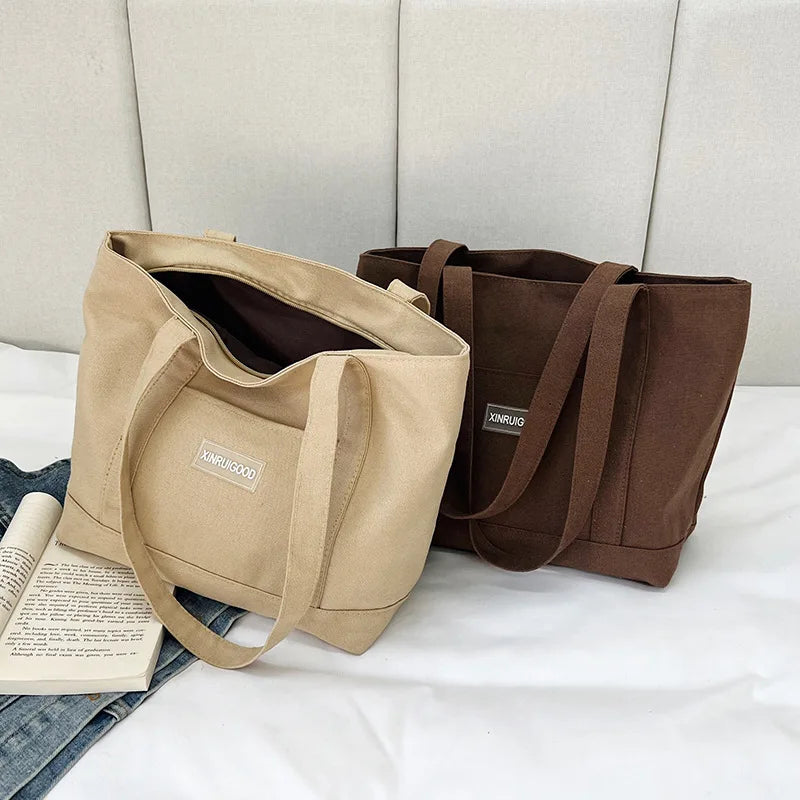 YIMYIK Simple Letter Custom Logo Shoulder Bag Eco Friendly Trend Popular Canvas Bag Women High Capacity Tote Shopping Bag MegaBDM