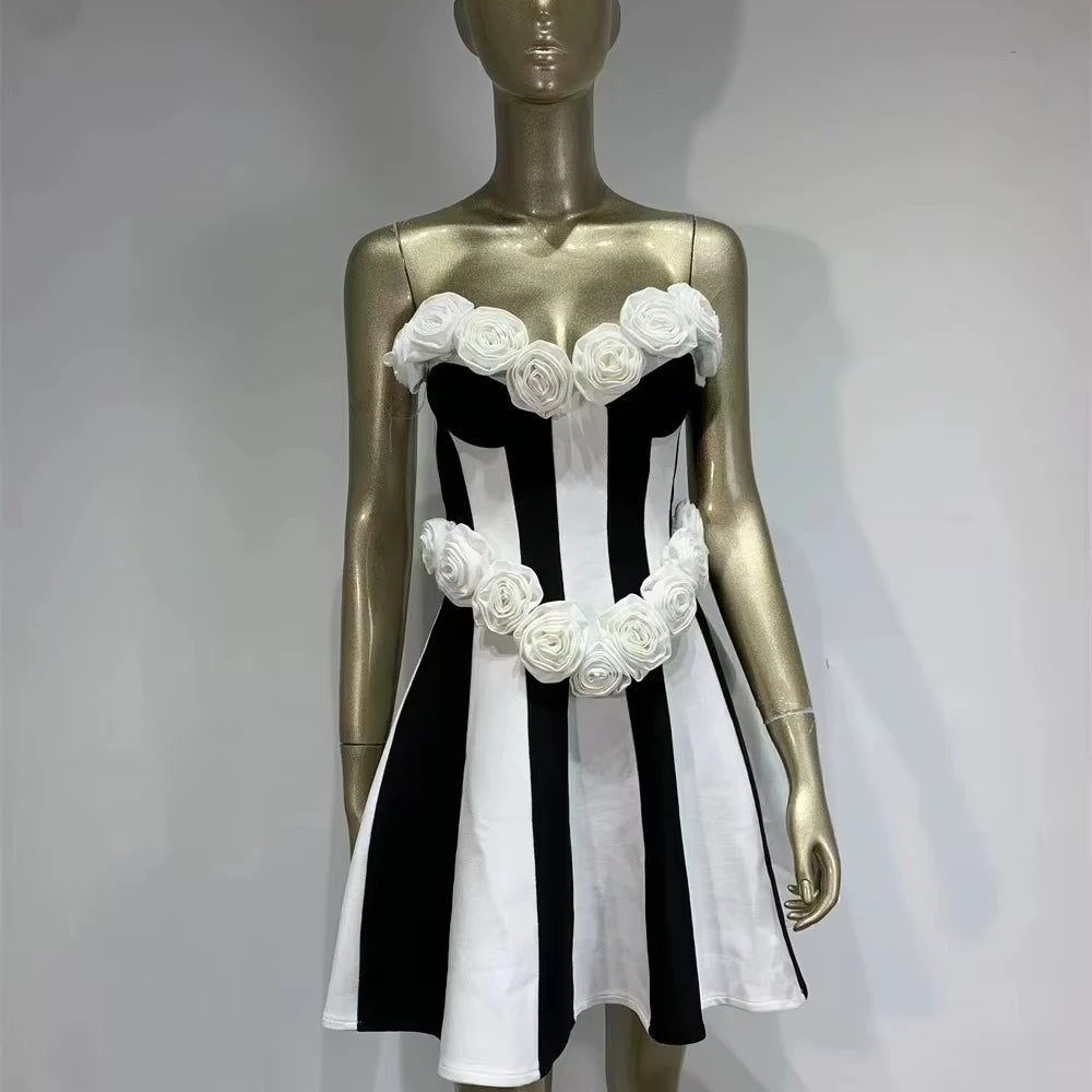 SB3303 Elegant Off-Shoulder Bandage Women Evening Dress 3D Flowers Stripe Fashion Midi Dress Ladies Party