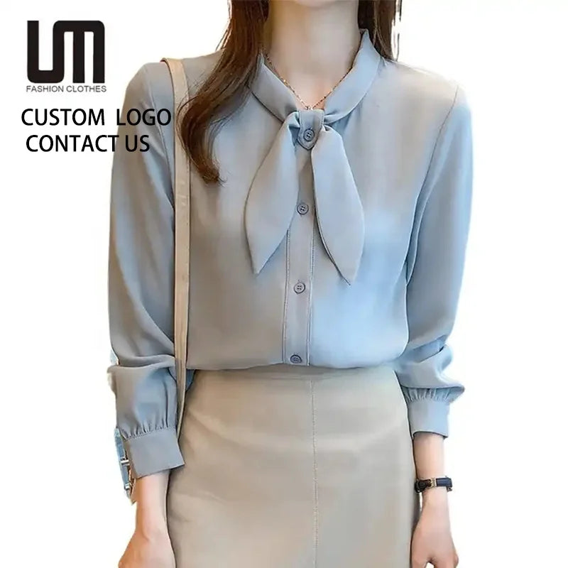 Oem Odm Korean Fashion Autumn Women Office Button up Blouse White Lady Long Sleeves Casual Shirt