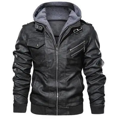 Wholesale Men Motorbike Pu Leather Jacket for Winter Custom Design Zipper up Casual Windbreaker Jacket With Hood