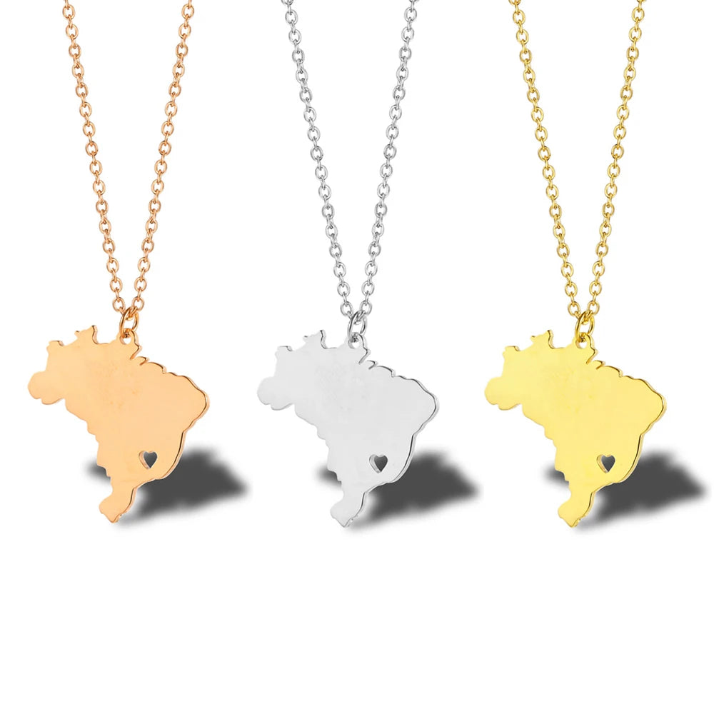Manufacturer Stainless Steel Brazil Map Chain Necklace Silver 18K Gold Rose Plated Brazil Map Pendant Chain Necklace