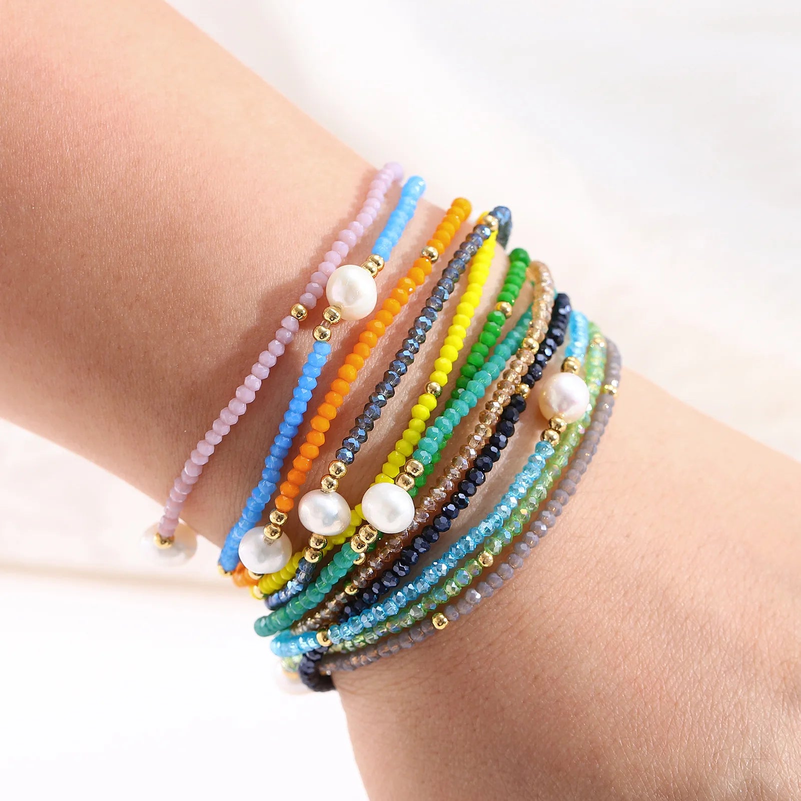 Jingcan Crystal Fashion Colorful Crystal Bead Bracelet with Pearl Charm  Elastic Glass Rondelle Beads Bracelets Women
