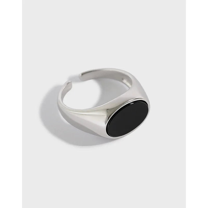 Fashion 925 Sterling Silver Geometric Black Oval Round Agate Rings for Women Jewelry