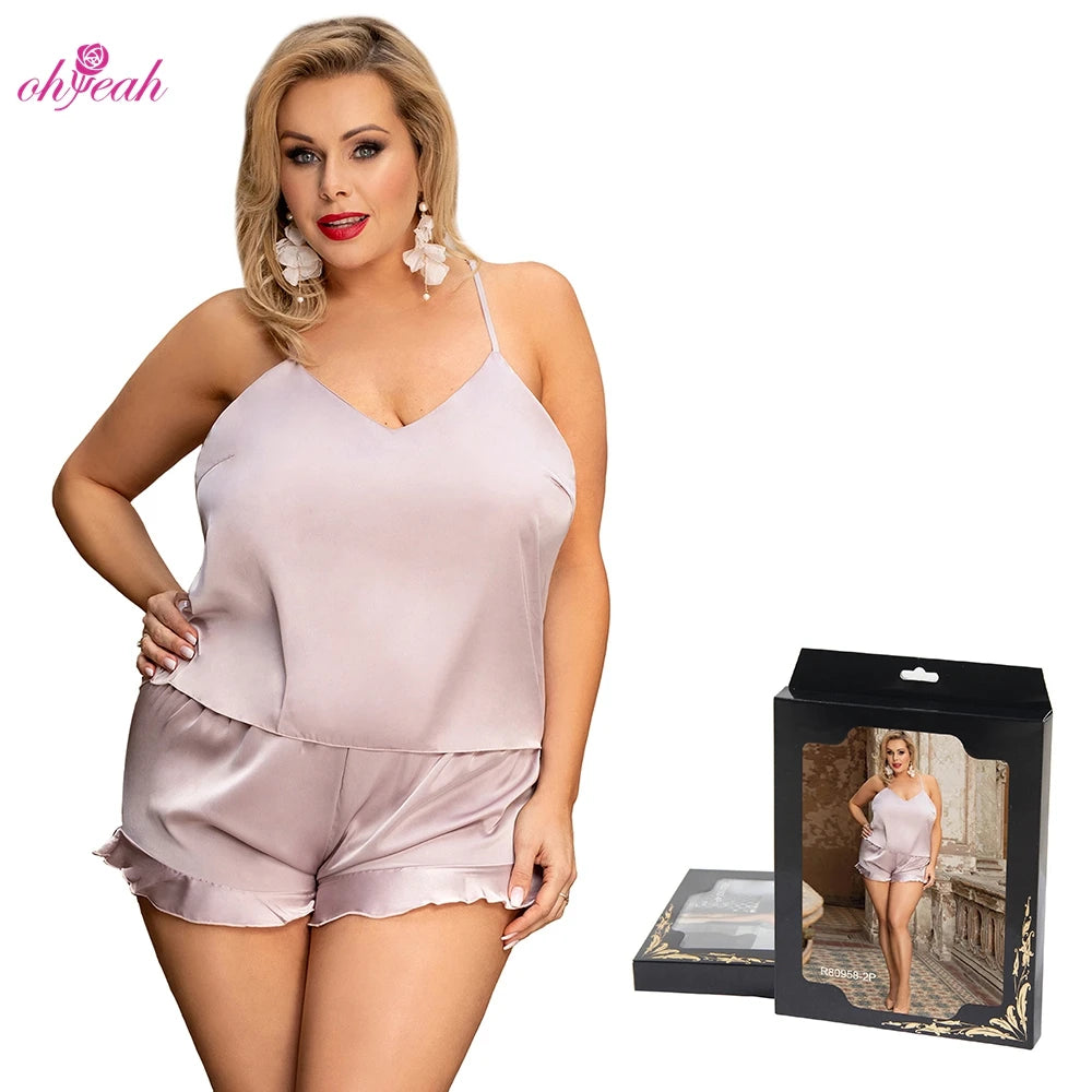 Women's ODM Logo Satin Two-Piece Nightwear Plus Size Silk Pajamas Set Summer Autumn and Spring Sleepwear