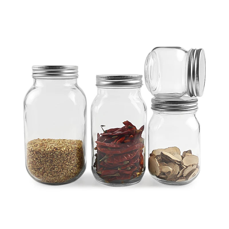 Clear Empty Round Canning Mason Glass Jar 250ml 500ml 750ml 1000ml With Aluminum Lid Durable Kitchen Storage