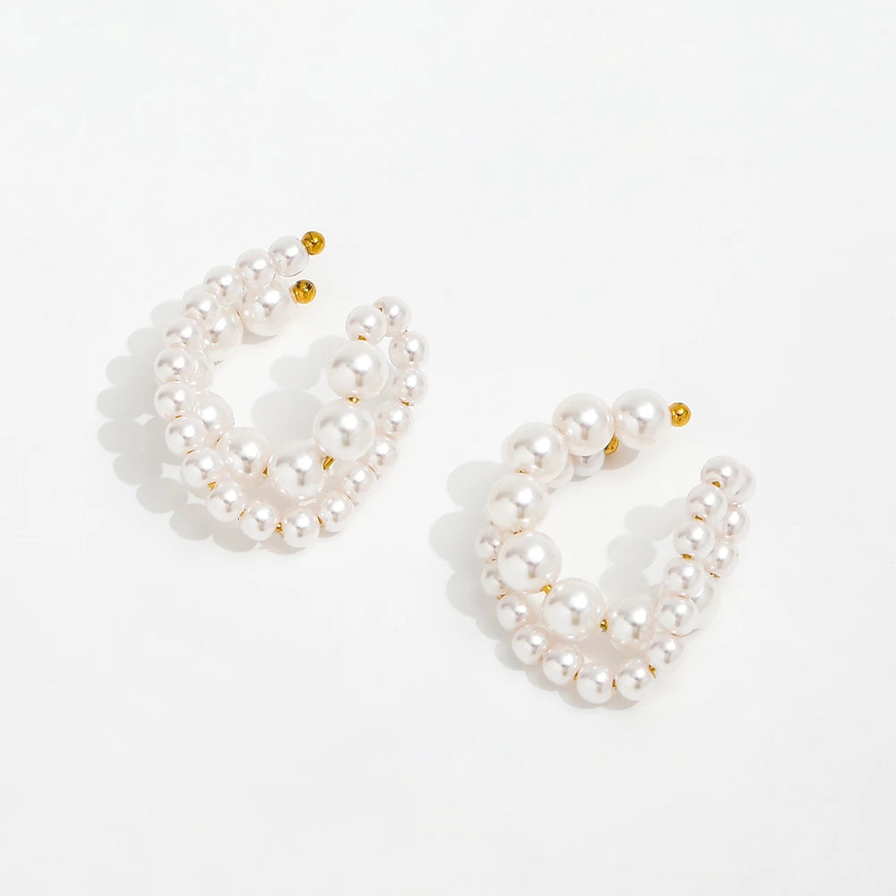 New Trendy 18K Gold Plated Cross Double-layer Pearl Cuff Earrings for Women Stainless Steel Jewelry Wholesale