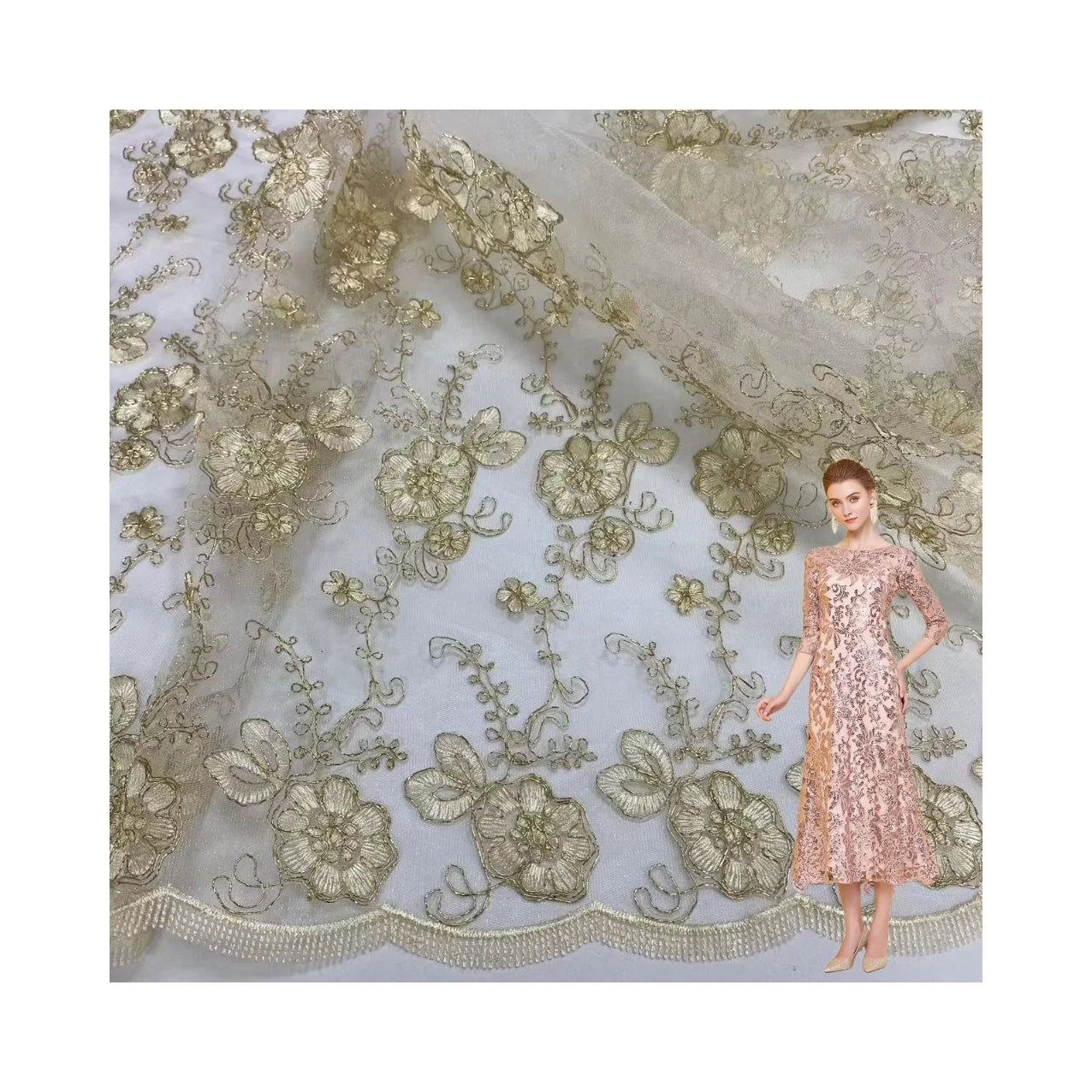 Golden Supplier Cheap African Flower Gold Cord Embroidery Tulle Lace Fabrics for Women Fashion Clothing