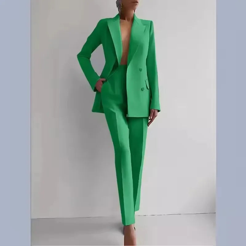 S-2XL Women New 2pcs Clothes Set Solid Color Long Sleeve Blazer Jacket High Waist Long Pants Clothing Suit Summer Fashion Office