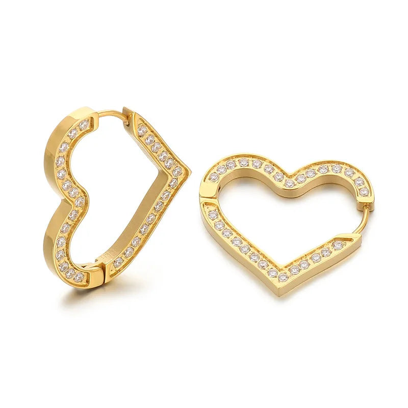 New Fashion Trendy Stainless Steel 18K Gold Plated Hollow Women Zircon Love Heart Hoop Stud Earring Jewelry Wedding Party Gift