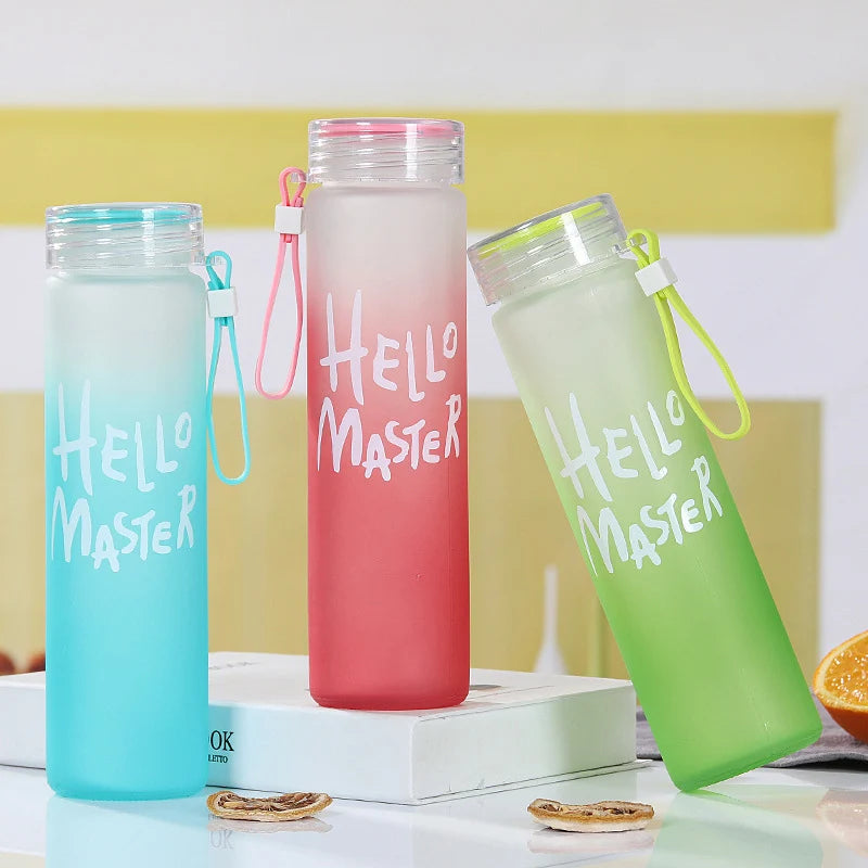 Wholesale 400ml Portable Frosted Gradient Glass Water Bottle with Lid and String Direct Drinking Free Promotional Giveaway Gift