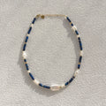 Handmade Classic Engagement Dainty Blue Natural Stone Beaded Freshwater Pearl 18K Gold Plated Stainless Steel Waterproof Women's