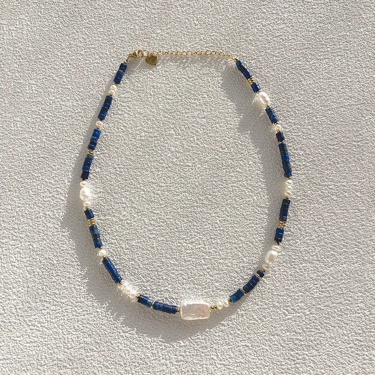 Handmade Classic Engagement Dainty Blue Natural Stone Beaded Freshwater Pearl 18K Gold Plated Stainless Steel Waterproof Women's