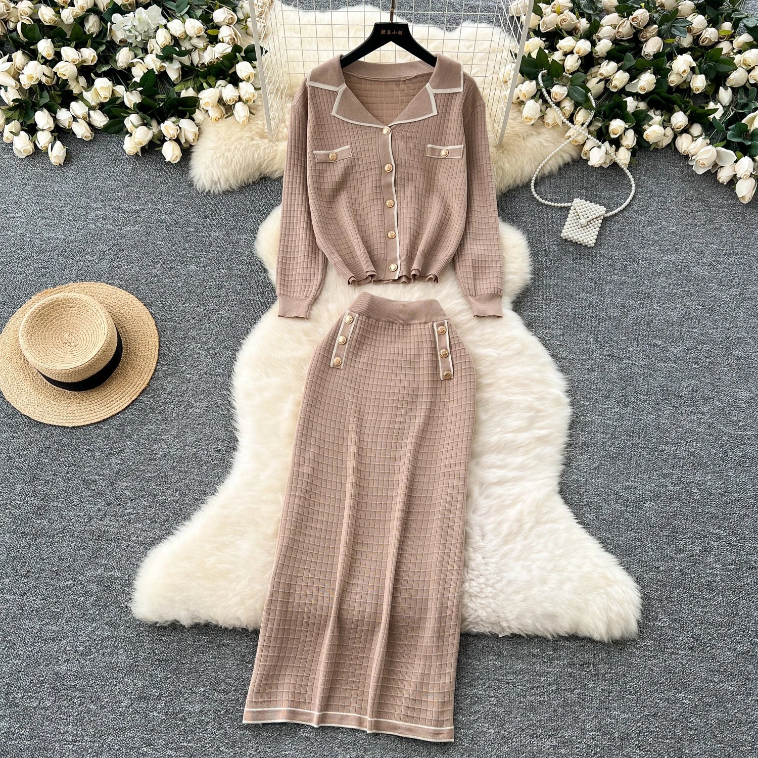 Women'S Fashion 2 Pieces Round Neck Slim Knit Top Casual Two Piece Set