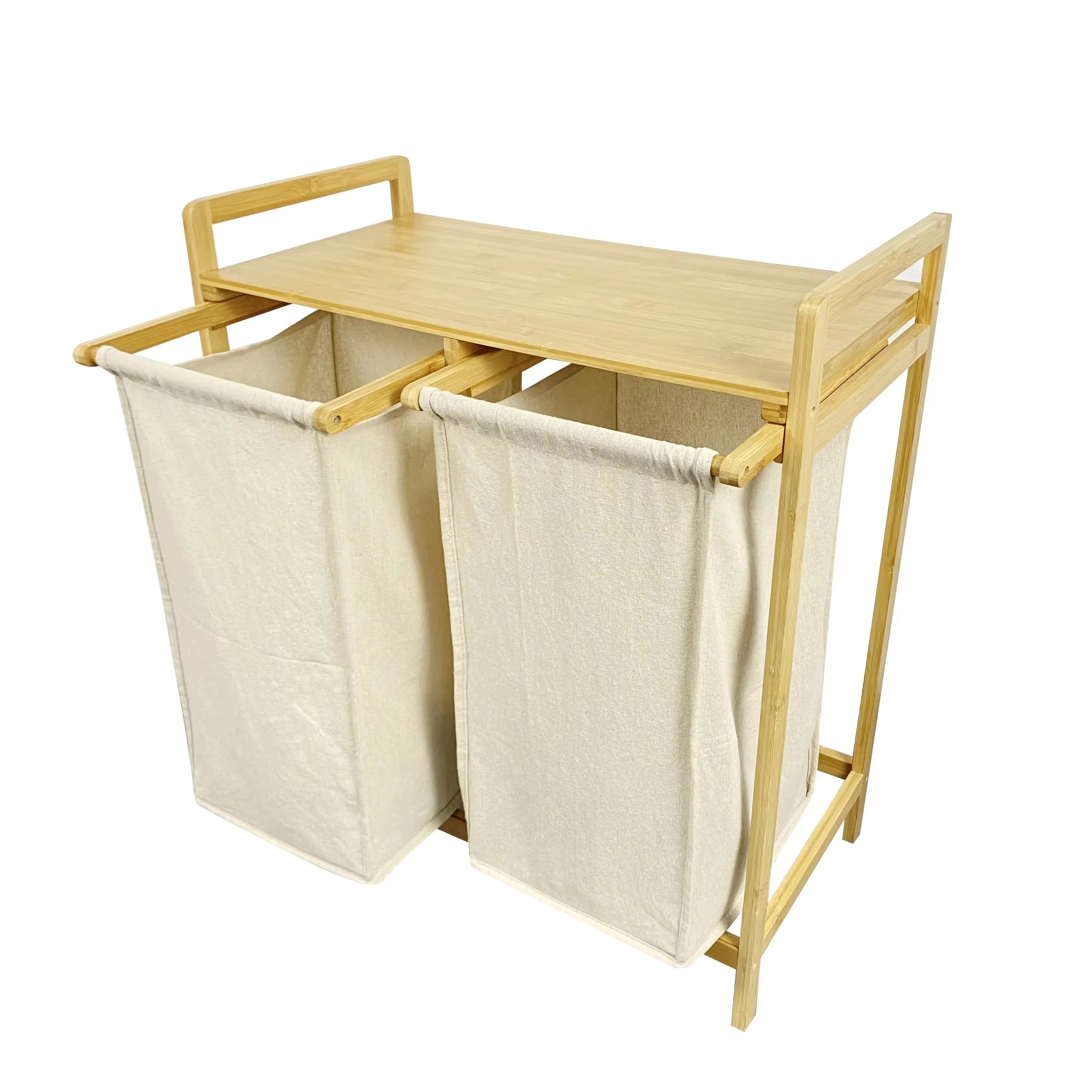Home Decor Laundry Basket with Removable Liner Dual Compartments Laundry Organizer and Storage Wooden Laundry Sorter with Bags