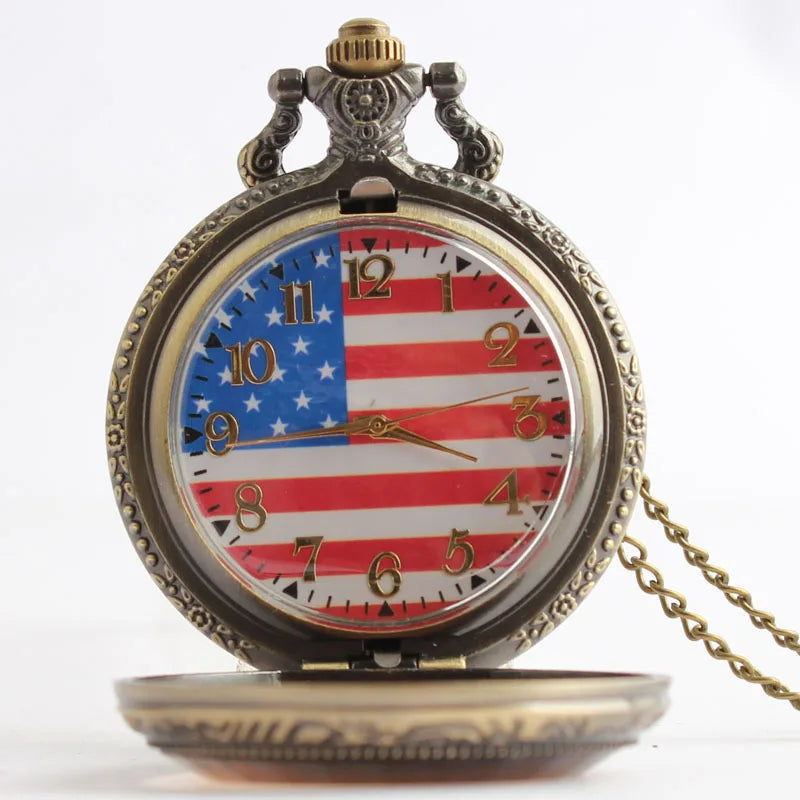 Vintage US Flag Australia Map Steampunk Men Watch Pendant Necklace Flap Pocket Watch