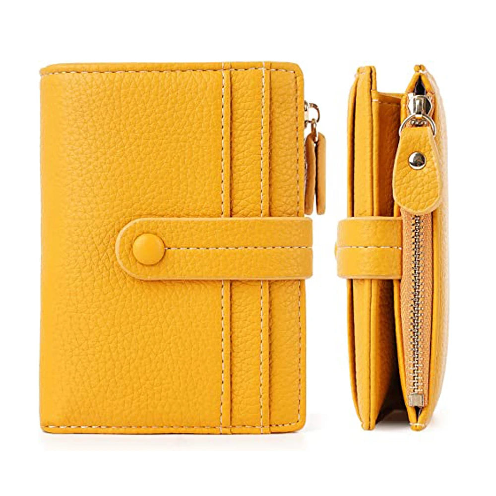RFID Blocking Polyester Lining Handmade Genuine Leather ID Credit Card Holder Wallet Women Button Closure Short Clutch Purse