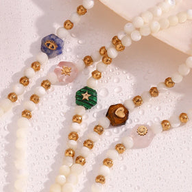 Fashion Simple Stainless Steel White Shell Bead Hexagonal Natural Stone Beaded Bracelet Summer Waterproof Jewelry