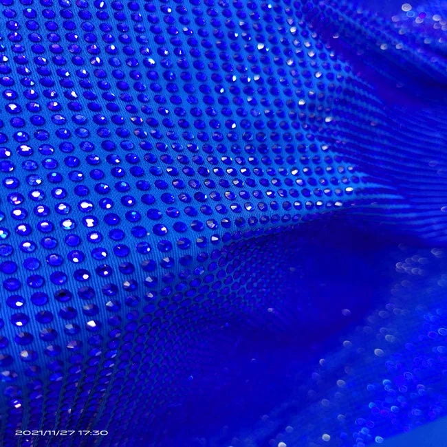 Luxury Sapphire Blue Dantel Stretch Sapphire Blue Rhinestones Fabric Bling Diamond Crystal Fabric