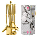 Hollow Handle Metal Cooking Tool Set 304 Stainless Steel Gold Kitchen Utensils Set With Stand