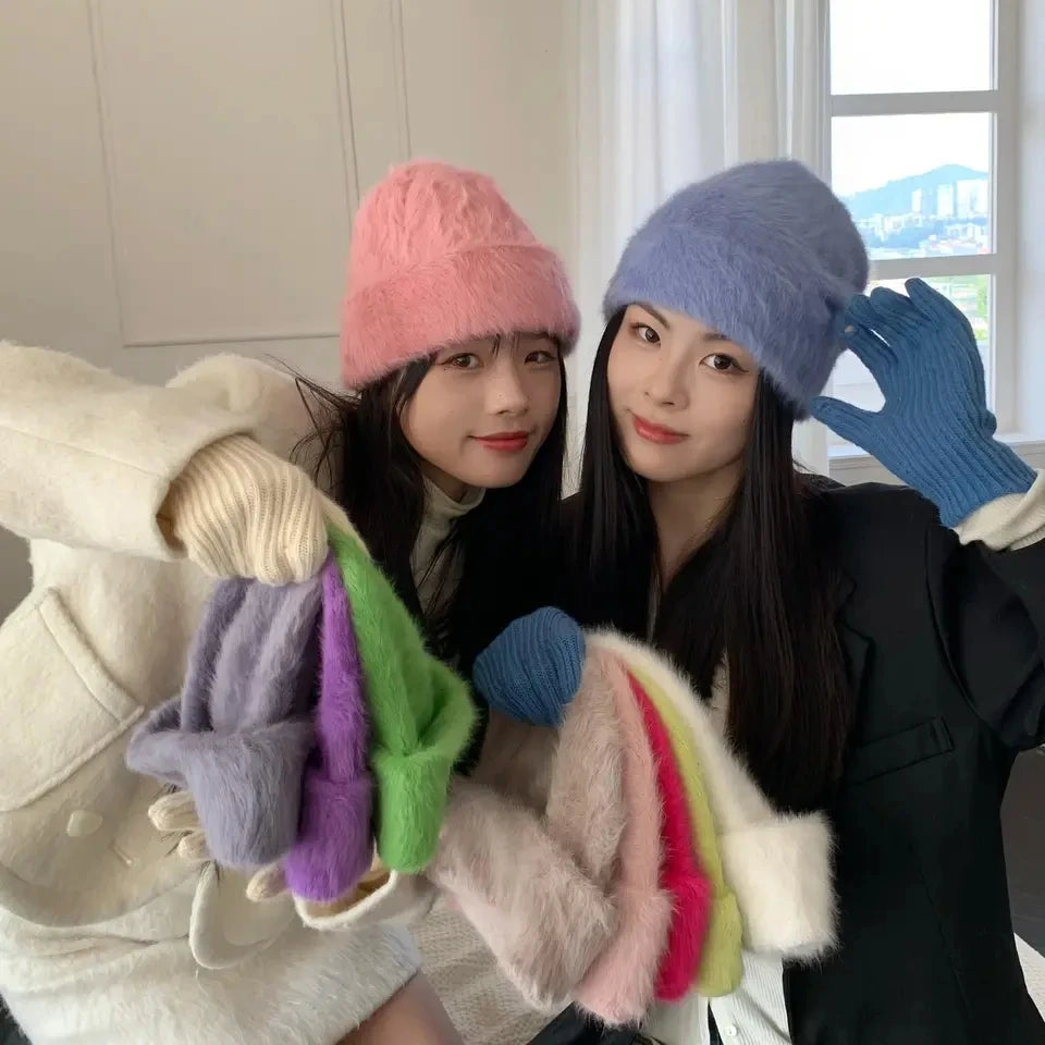 Unisex High Quality New Design Multi-Color Printing Winter Warm Straight Knitted Rabbit Fur Beanie Hat for Sports Parties Beach