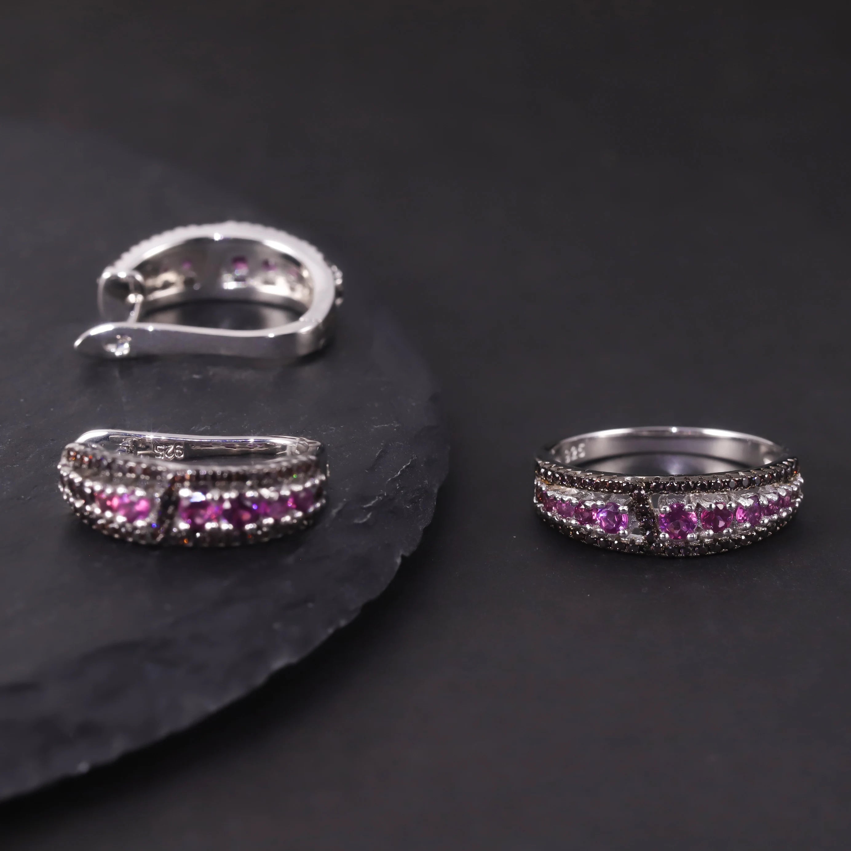 W0391 Engravable Jewelry Wholesale Glamorous Red Custom Rhodium Plated S925 Sterling Silver Natural Rhodolite Jewellery Set