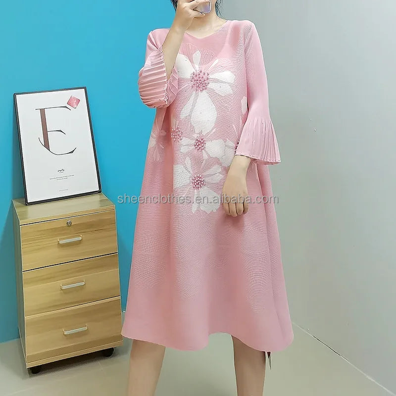 Women Elegant Fancy Pleated a Line  Casual Dresses Plus Size Pink Floral Indian Pearl Dresses for Women