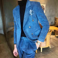 Blue Corduroy Men Suits Groom Prom Blazer Costume Homme Marriage Tuxedo Wedding Office Double Breasted 2 Pcs Jacket+Pants MegaBDM