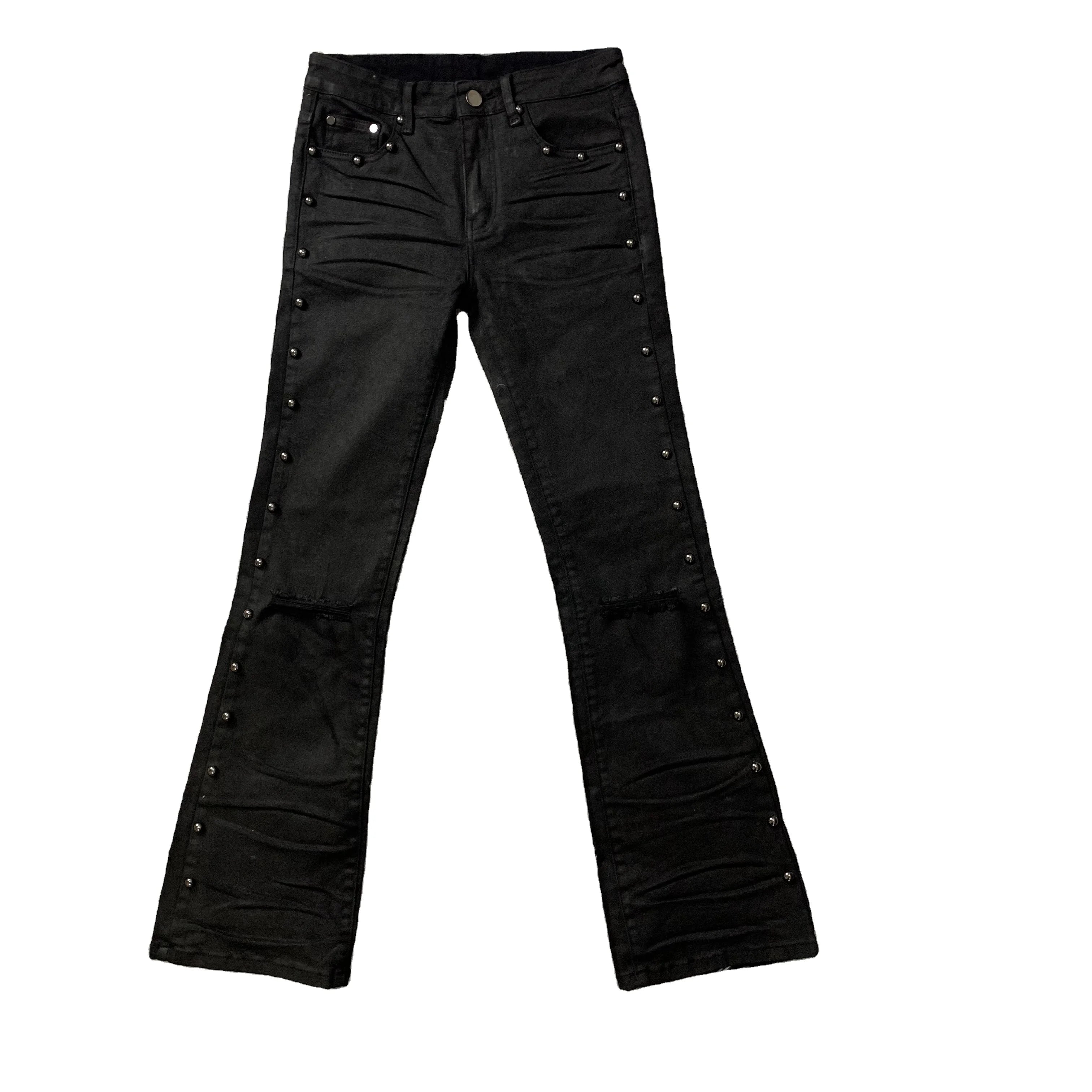 DENIMGUYS Jeans Men Y2K High Street Low Waist Rivets to Do Old Fashion Casual Men Distressed Waxed Flare Jeans Hip Hop