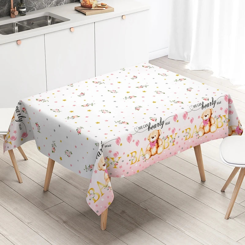 Pink Bear Print Table Cloth We Can Bearly Wait Disposable PE Table Cover Baby Shower Tablecloth for Birthday Party Decorations