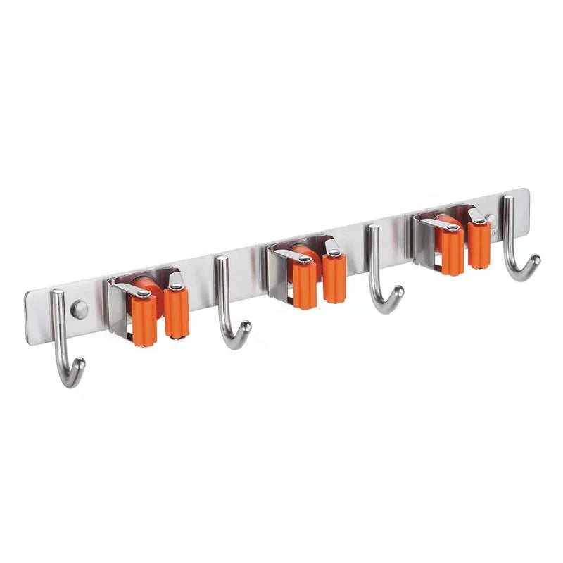 Stainless Steel  Broom Holder Wall Mount Tool Holder WIth Hooks Mop Holder