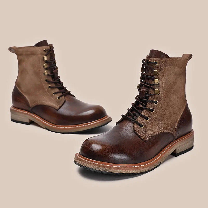 High Quality Retro Vintage Cow Genuine Leather Men's Ankle Bootie Plus Size Paratroop Chukka Hiking Boots Western